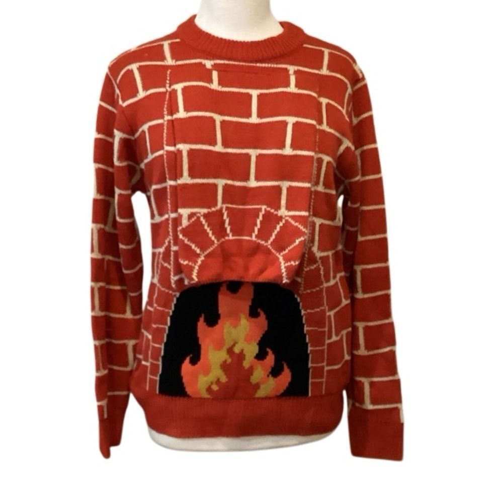 NWT 3D Chimney Fire Place Ugly Christmas Sweater Small